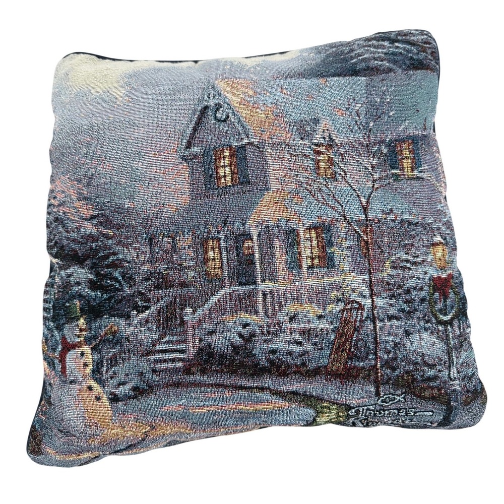 Thomas Kinkade Winter Scene Tapestry Throw Pillow Victorian House Snowman Navy